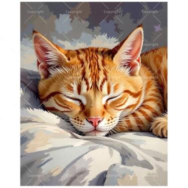 Imagem de Kit de pintura de gato dormindo por números para adultos – DIY fofo gato malhado laranja descansando na cama, conjunto de tinta acrílica, adequado para iniciantes, arte para decoração de casa ou
