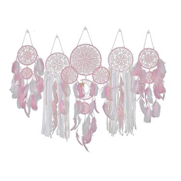 Imagem de Cryfokt Bohemian Feather Moon and Star Cabeceira Dream Catcher Decoração de Parede Decoração Suspensa para Quarto Sala de Estar Quarto Infantil Escritório, Conjunto de 5, Pacote de Caixa de Presente