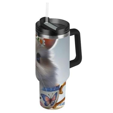 Imagem de Joisal Copos de aço inoxidável com tampas e canudos Coelhinho fofo xícara de chá floral carro copo de café a vácuo 850 g copo com alça garrafas de água isoladas