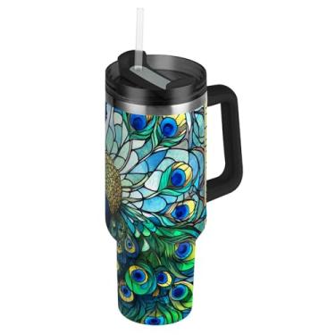 Imagem de Copos de aço inoxidável com tampas e canudos, vidro manchado, arte de pavão, xícaras de café quente para carro, copo engraçado de 1,134 g com alça, garrafas de água isoladas
