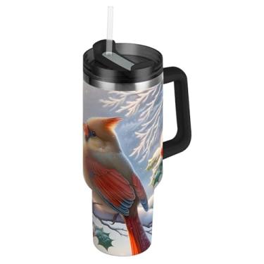Imagem de Joisal Copo com alça 1,134 g Copos de aço inoxidável com tampa e canudos Termo Isolado Garrafa de Água Copo para Natal Quente e Frio Cardeais Inverno