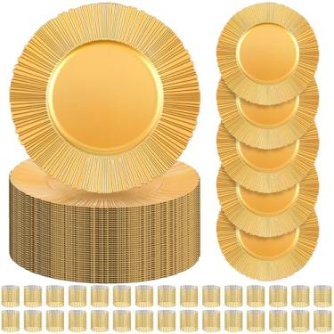 Imagem de Tanlade Conjunto de 50 pratos de carregador de ouro brilhante a granel com anéis de guardanapo de plástico de 33 cm, borda canelada, decoração de casamento para mesa e festa de casamento (sol)
