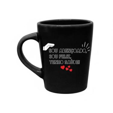 Imagem de Caneca de Porcelana Preta com Frase Motivacional, Sou Abençoado Sou Feliz Tenho Saúde, 270ml, 9cm Altura