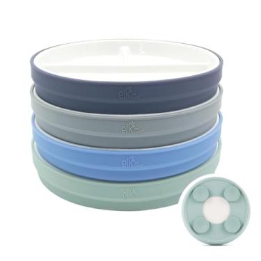 Imagem de Elk and Friends Pratos brancos de porcelana infantil de 19,8 cm com mangas de sucção de silicone | Pratos divididos | Adequado para bebês/crianças/crianças pequenas | Seguro para micro-ondas e