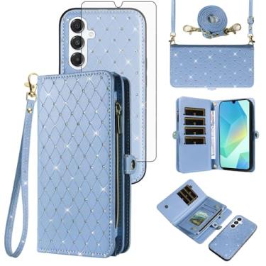 Imagem de Capa de celular para Samsung Galaxy A16 5G/4G Carteira com zíper destacável protetor de tela transversal alça de cordão Bling Glitter Flip porta-cartões A 16 16A SM-A166U mulheres homens meninas azul