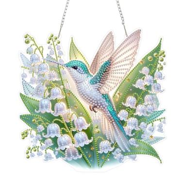 Imagem de Yunzlly Kit de pingente de arte de diamante para pendurar faça você mesmo, beija-flor, kit de ornamentos de pintura de diamantes de dupla face de cristal especial para adultos, placa de pintura de