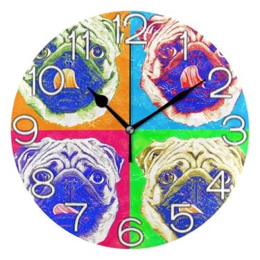 Imagem de GAIGEO Relógio de parede analógico decorativo operado por bateria silencioso para quarto e cozinha, decoração de parede de meados do século, animal de cachorro pug engraçado, 25 cm, ponteiros pretos
