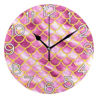 Imagem de GAIGEO Relógio de parede analógico decorativo operado por bateria relógio de escritório cozinha, decoração de parede vintage sala de estar escalas de sereia ouro rosa, 25 cm, ponteiros dourados