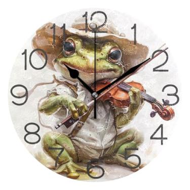 Imagem de GAIGEO Relógio de parede decorativo de violino musical fofo sapo analógico relógio de cozinha rústico operado a bateria, decoração de sala de estar, arte moderna, 25 cm, ponteiros pretos