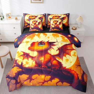 Imagem de Conjunto de edredom com desenho animado de dragão para decoração de quarto, tema de noite de Halloween, solteiro, 7 peças, cama de conto de fadas mágico ocidental em uma bolsa com edredom, lençóis