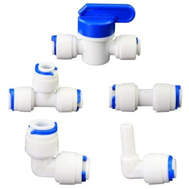 Imagem de Purificador de água Push-to-Connect Conjunto de válvula reta, cotovelo, T e esfera de 1/10.2 cm, tubo PE Push-to-Connect, compatível com filtragem de água RO, pré-purificador, adaptadores de plástico