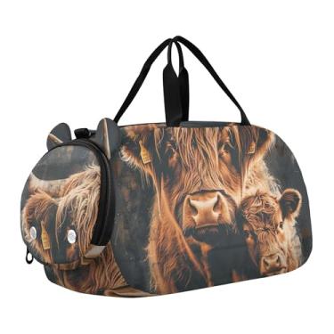 Imagem de Boho Paisley Flores Bege Bolsa esportiva para meninos fim de semana bolsa esportiva para meninas bolsa de viagem infantil mochila de ginástica, Linda vaca Highland e bezerro, Clássico