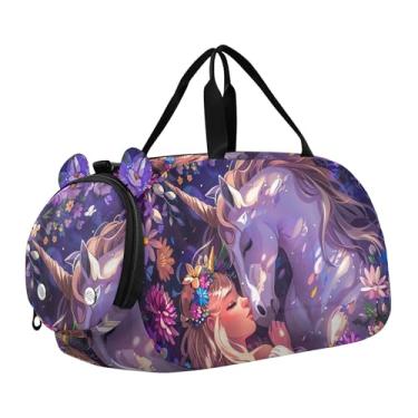 Imagem de Bolsa esportiva para meninos e flores de cacto, bolsas noturnas para meninas, para viagem, academia, bagagem infantil, Fantasia unicórnio princesa roxa, Clássico