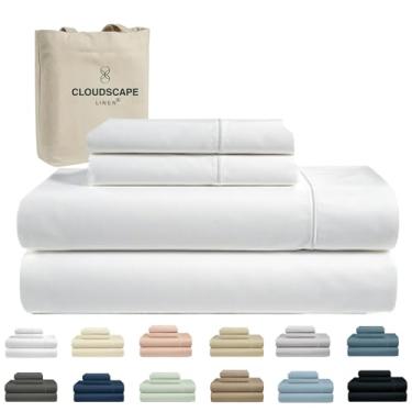 Imagem de Jogo de cama king size de algodão egípcio de camada dupla Cloud Scape Linen – Tecido acetinado de fibra longa, conjunto de cama macio de qualidade hoteleira de 4 peças, bolsos profundos de até 41 cm