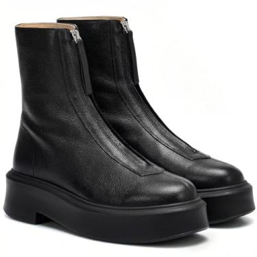 Imagem de BeeLg Bota feminina plataforma cano curto Chelsea bota de outono com zíper frontal de couro de combate, Preto, 38 BR
