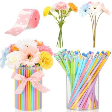 Imagem de Honeydak Presentes de agradecimento ao professor, presente de volta às aulas inclui suporte de caneta de acrílico, pacote com 50 lápis com borrachas, 5 gérberas artificiais, 5 cravos e 1 rolo de fita