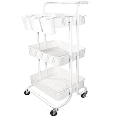 Imagem de Ceeyali Carrinho utilitário de 3 andares, organizador de prateleira, com rodas bloqueáveis, 3 copos e 8 ganchos para cozinha doméstica, banheiro, escritório, lavanderia, etc. (3 xícaras, 8 ganchos)