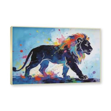 Imagem de NHLDZYH Moldura dourada. Quadro abstrato de leão - arte moderna com salpicos de cor vibrante - arte de parede energética para casa, escritório ou negócios - tela decorativa. A71. 50 x 75 cm.