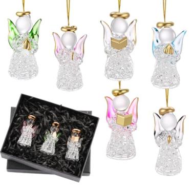 Imagem de CroBlissful 6 peças de enfeites de anjo para árvore de Natal, estatuetas de cristal, oração e livro segurando vidro, presentes de guardião para famílias, amigos, decorações de pendurar de Natal