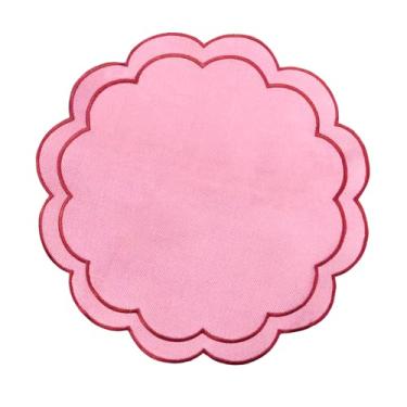 Imagem de Whaline Jogo americano de linho rosa vermelho bordado, redondo, recortado para casamento, chá de bebê, festa, decoração de mesa de jantar, conjunto de 6, 38 x 38 cm