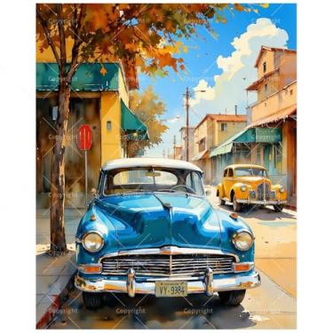 Imagem de Kit de pintura de carro vintage por números para adultos - DIY clássico pintura de cena de rua de carros azuis e amarelos em tela 20 x 30 cm, conjunto de tinta acrílica emoldurada, adequado para