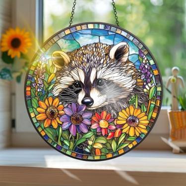 Imagem de Apanhador de sol colorido de acrílico, estilo vitral estampado de animais guaxinim com reflexos de arco-íris, arte de parede para decoração de janela suspensa, ornamentos de primavera para uso interno