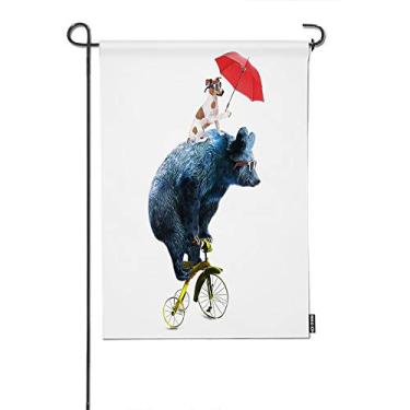 Imagem de HGOD DESIGNS Bandeira de jardim de animais, show de circo de urso e cachorro engraçado com urso na bicicleta bem-vindo bandeiras decorativas de jardim de linho de algodão para faixa de jardim 30 x 45