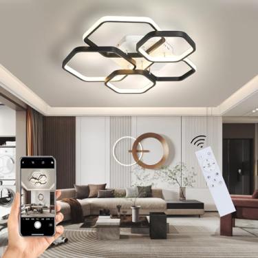 Imagem de Luminária de teto moderna e minimalista com LED dimerizável e controle remoto, em formato de anel, ideal para sala de estar e quarto. Design criativo em metal e acrílico. (Preta, 5 braços)