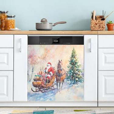 Imagem de xigua Aquarela Natal Papai Noel capa magnética para lava-louças, adesivos magnéticos decorativos antiarranhões para painel de geladeira e lava-louças, decoração personalizada de cozinha doméstica 58 x
