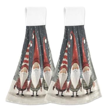 Imagem de Blueangle 2 peças de toalhas de gravata penduradas de gnomo de Natal toalha de mão de cozinha absorvente de veludo coral macio pano de pano para cozinha e banheiro (313)
