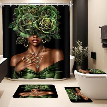 Imagem de MESHELLY Conjunto de 4 peças de cortina de chuveiro para meninas negras, mulher afro-americana, africana, peônia, rosa, verde, floral, decoração com tapete, tampa de vaso sanitário, tapete de banho