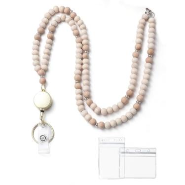Imagem de ASDIIT Cordões de professor para porta-crachás retráteis, cordões com carretel retrátil e chaveiro, cordão de pescoço com contas de madeira para chaves para mulheres, presentes de professores