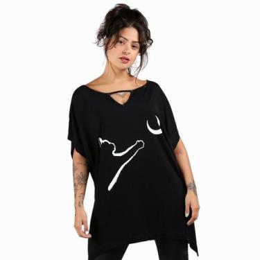 Imagem de Blusa Max Assimétrica Gato Lua Moda Feminina - Deliriyou, Preto, M