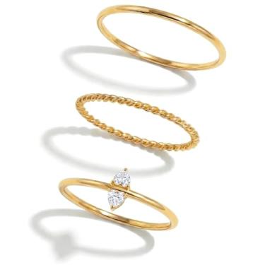 Imagem de BENIQUE Anéis de empilhamento delicados em ouro 18K para mulheres, pulseira fina de 1 mm com pequenas pedras de zircônia cúbica, aço inoxidável banhado a ouro não manchado, corte de coração de pera