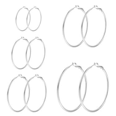 Imagem de 4/5/6 pares de brincos de argola de aço inoxidável 30/40/50/60/70 mm prata ouro 14 K conjunto de brincos de argola hipoalergênicos, grandes, finos e leves, Aço inoxidável, Sem pedra preciosa