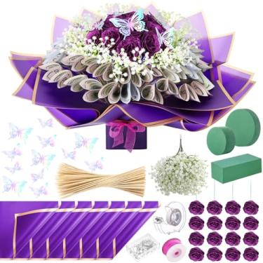 Imagem de Marspark Kit de buquê de dinheiro para o dia dos namorados, presente incluído, 20 folhas de papel de embrulho de flores, 36 flores falsas, 100 espetos de bambu, 3 blocos de espuma floral para