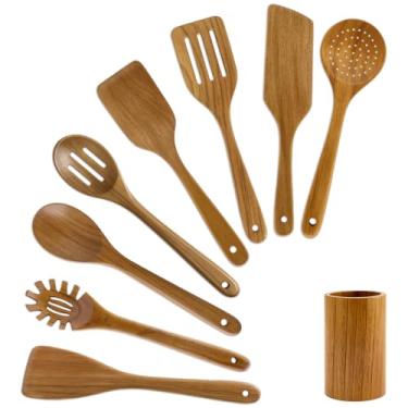 Imagem de Pacote com 9 melhores colheres de madeira, conjunto de utensílios de cozinha não tóxicos com suporte de utensílios, conjunto de espátulas de espátula de madeira de acácia para colher de cozinha