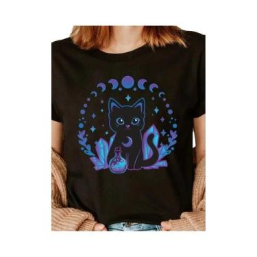 Imagem de Camiseta Cristal Com Estampa De Gato Preto Para Mulheres, Manga Curta,