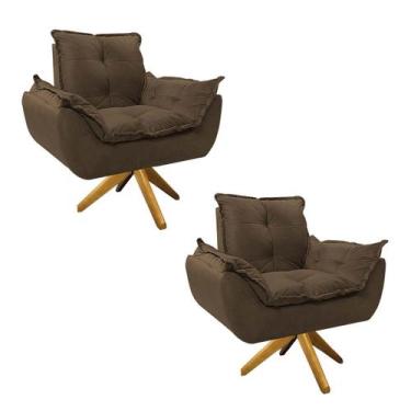 Imagem de kit 02 Poltronas Opala Base Giratória de Madeira Suede Marrom - Doce S