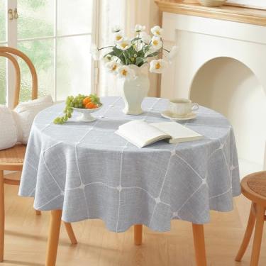 Imagem de Zobesta Toalha de mesa redonda de linho azul 134,6 cm, toalha de mesa redonda macia de fazenda lavável para cozinha, festa, casamento, piquenique, passeios ao ar livre, Natal