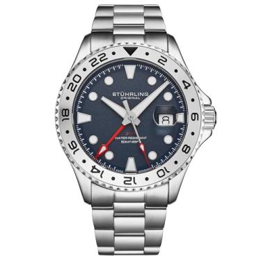 Imagem de Stuhrling Original Relógio masculino Equinox GMT 4077 de quartzo 43 mm GMT – movimento de tempo duplo, bisel bidirecional, pulseira de aço inoxidável, Azul