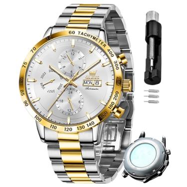 Imagem de OLEVS Relógio masculino automático de aço inoxidável esqueleto mecânico à prova d'água luminoso com corda automática diamante masculino, G6683: Prata, G6683: Silver, relógio masculino