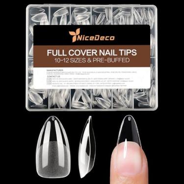 Imagem de Nicedeco Pontas de unhas falsas de amêndoa, 504 peças de pontas de unhas de gel médio macio em forma de amêndoa, pré-gravadas, metade fosca, capa completa, kit de gel acrílico transparente com pressão