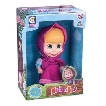 Imagem de Brinquedo Boneca Masha 18cm em Plástico Vinil com Roupinha e Capuz Ros