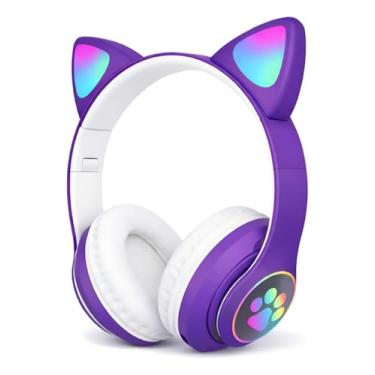 Imagem de Fone de Ouvido com Orelha de Gatinho Infantil com Luzes RGB nas Orelhinhas e Patinhas Para Crianças Tamanho Ajustável Dobrável Headphone Bluetooth Conectividade Multiuso Premium (Roxo)