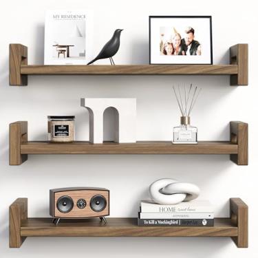 Imagem de Vailando Prateleiras flutuantes para parede, conjunto de 3 prateleiras montadas na parede de madeira maciça, prateleira de exibição de nogueira rústica de 40,6 cm para quarto, sala de estar, banheiro