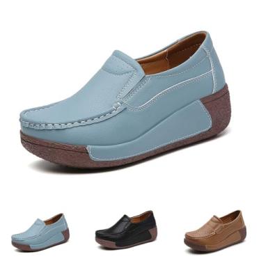 Imagem de Mocassim feminino plataforma sem cadarço moderno, leve, confortável, respirável, bico redondo, plataforma baixa, Azul, 33
