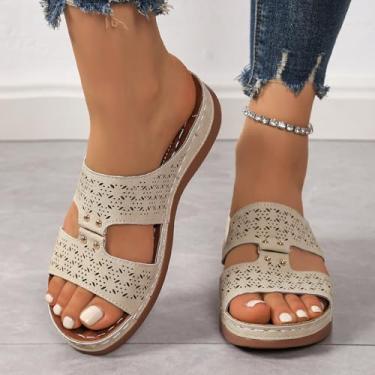 Imagem de Sandálias femininas de salto baixo com salto baixo elegantes confortáveis para caminhada casual plataforma plataforma sapatos de verão, Bege, 35