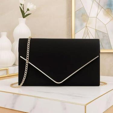 Imagem de Bolsa clutch feminina, bolsa de mão para festa de casamento, coquetel, formatura, bolsa de ombro transversal com corrente dourada, Preto