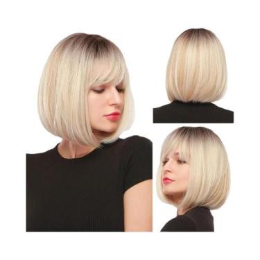 Imagem de Peruca Curta Bob Loiro Platina Com Franja Sintética Lisa Natural Resis